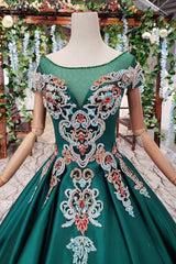 New Arrival Prom Dresses Short Sleeves Green Ball Gown With Applique Beads DMK18