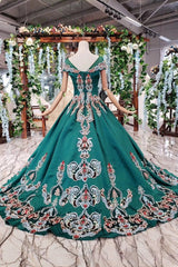 New Arrival Prom Dresses Short Sleeves Green Ball Gown With Applique Beads DMK18