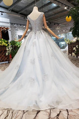 New Arrival Wedding Dresses V Neck Lace Up Back Beads Prom Dress Tulle DML17