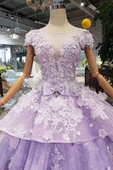 Lilac Short Sleeves Lace Up Back Appliques Tulle Princess Prom Dresses DML20