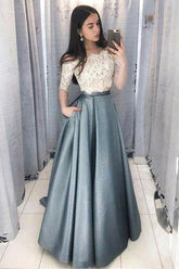 Two Piece Off the Shoulder Half Sleeves Prom Dress With Lace Top DMJ64