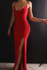 Sexy Mermaid Spaghetti Straps Red Side Slit Long Prom Dresses DMK5