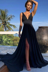 A-line V-neck Long Black Chiffon Prom Dress, Sexy Evening Dress With Split DM1042