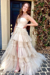 Ivory Strapless A-line Multi-Layers Tulle Long Prom Dress with Slit