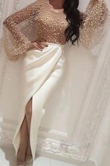 White Round Neck Beads Mermaid Long Prom Dress With Pearls Evening Dress DMQ40