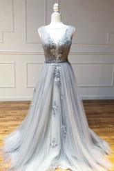 Gray A Line Round Neck Appliques Tulle Long Prom Dress Evening Dress DMQ52