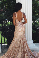 Charming Mermaid Backless Sequins Rose Gold Long Prom Dress DMK75