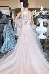 Pearl Pink Tulle A Line Lace Top Long Sleeveless Prom Dresses DMQ2