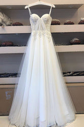 White Spaghetti Straps Tulle Lace Appliques Long Prom Dress Evening Dress DMS64