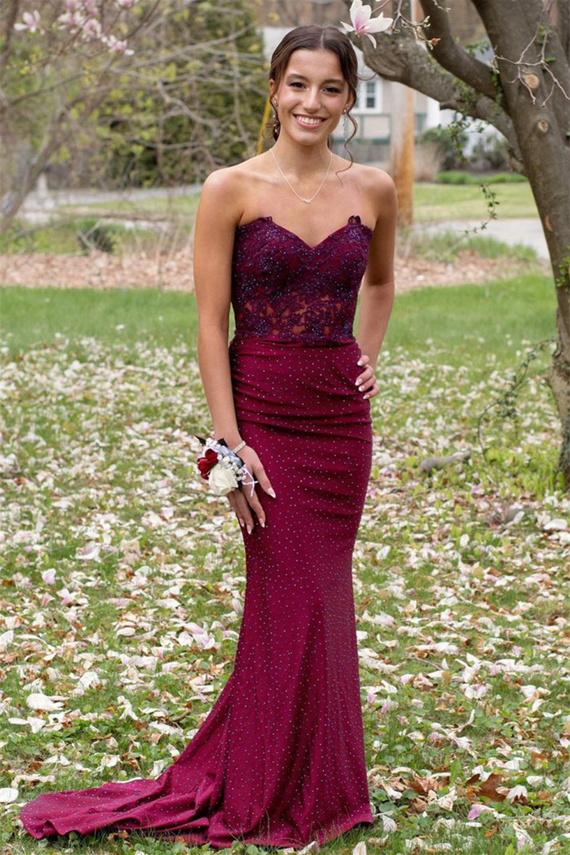 burgundy dress mermaid Strapless Beaded Appliques Lace-Up Long Prom DR1551 Size (US):13 A-Line Strap Dress Sewing long strapless chiffon prom empire waist bridesmaid dress
