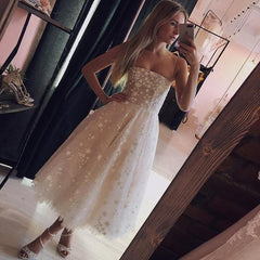 A Line Spaghetti Straps Tea Length Pearl Pink Prom Wedding Dress With Stars DMK73
