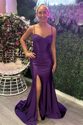 Grape Mermaid Straps Beaded Satin Long Prom Dress with Slit DR1505