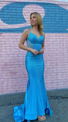 Chic Mermaid Blue One Shoulder Sequins Lace Long Prom Dresses DMP301
