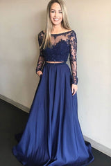 Royal Blue Two Pieces A Line Long Sleeves Appliques Prom Dress With Pockets DMP77