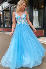 Blue V Neck Tulle Lace Appliques Long Prom Dress Formal Evening Dress DMP281