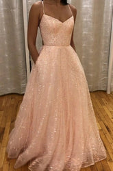 Sparkly Pink A Line Prom Dresses Long Formal Evening Gown With Pocket DMP234