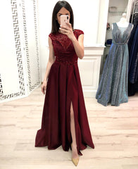 Burgundy A Line Cap Sleeves Prom Dresses, Long Beading Slit Prom Gown DMK28