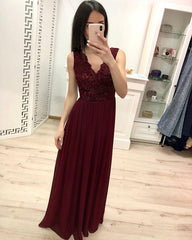 Burgundy Chiffon Lace Appliques Prom Dresses, Long Cheap Prom Gown DMK30