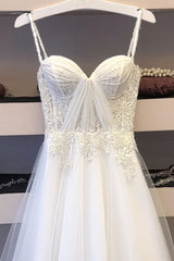 White Spaghetti Straps Tulle Lace Appliques Long Prom Dress Evening Dress DMS64