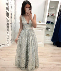 A Line V Neck Lace Prom Dresses, Cheap Long Evening Dress DMK20