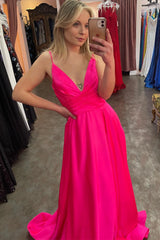 Fuchsia Plunging V Neck Straps A-line Satin Long Prom Dress with Slit