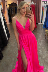 Fuchsia Plunging V Neck Straps A-line Satin Long Prom Dress with Slit