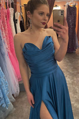 Ink Blue Strapless Satin A-line Pleated Long Prom Dress with Slit DR16295