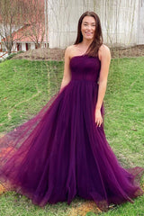 Raspberry One Shoulder Pleated Tulle A-line Long Prom Dress DR1555