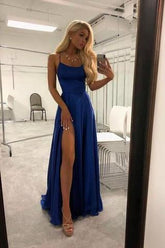 Royal Blue Spaghetti Strap A Line Prom Dress Sexy Long Split Party Dresses DMJ90