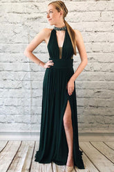 Elegant Dark Green Chiffon Split Long Prom Dress With Beads DMK90