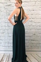 Elegant Dark Green Chiffon Split Long Prom Dress With Beads DMK90