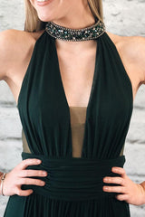 Elegant Dark Green Chiffon Split Long Prom Dress With Beads DMK90