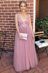 Elegant V Neck Flower Appliques Long Prom Evening Dress DMK83