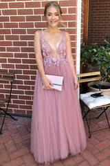 Elegant V Neck Flower Appliques Long Prom Evening Dress DMK83