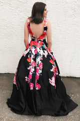 A Line Black V Neck Appliques Prom Dresses, Long Cheap Prom Gown DMK31