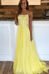 Criss Cross Back Beaded Yellow Long A Line Prom Dress DMK80