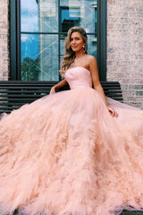 A-Line Strapless Long Prom Dress with Train DMO55
