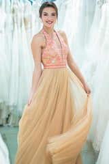 Stunning A Line Gold Halter Long Tulle Prom Dresses With Beads DMK36