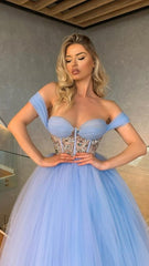 Unique Off-the-Shoulder Sweetheart Cristal A Line Tea Length Tulle Prom Dress DM1955
