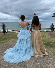 Charming A Line V Neck Light Blue Tulle Long Prom Dresses Evening Gown DMP271