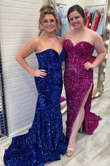 Elegant Sequins Mermaid Sweetheart Long Prom Dresses Formal Evening Dresses with Slit DMP237