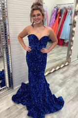 Elegant Sequins Mermaid Sweetheart Long Prom Dresses Formal Evening Dresses with Slit DMP237