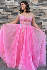 Glitter Strapless Hot Pink Appliques A-Line Prom Dress Evening Gown DMP276
