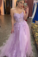 Lilac Appliques Straps A-line Long Prom Dress DR16297