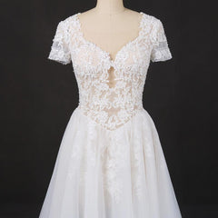 Off White A Line Short Sleeves Lace Appliques Wedding Dress, Bridal Gown DMQ32