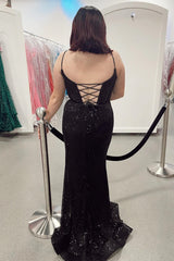 Black Lace-Up Sequins Mermaid Deep V Neck Long Prom Dress with Slit DR16298