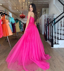 Chic A-line Tulle Sweetheart Long Prom Dress Fuchsia Elegant Evening Dress DMP303