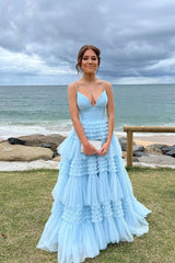 Charming A Line V Neck Light Blue Tulle Long Prom Dresses Evening Gown DMP271