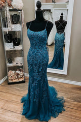 Mermaid Dark Teal Lace Appliques Mermaid Long Prom Dresses, Formal Evening Dress DMP174