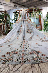 Ball Gown Light Blue Cap Sleeve Long Prom Dresses, Beaded Lace up Quinceanera Dresses DMN75